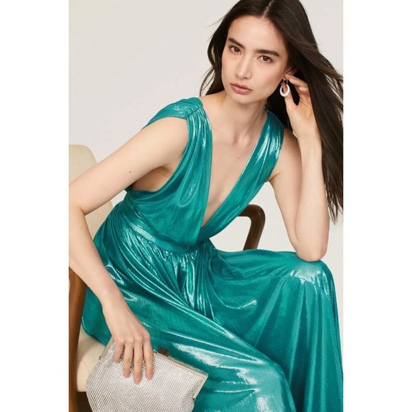 Bronx and Banco Romi Metallic Goddess Gown in Teal Womens Long Dress - Picture 15 of 17